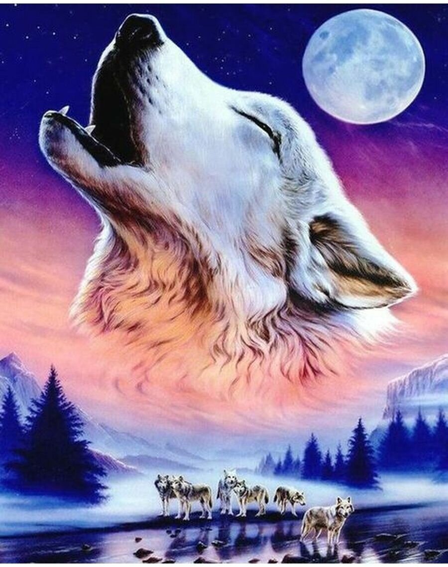 Алмазная мозаика на подрамнике 40х50 Воющий волк на луну