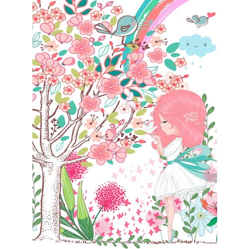 Моющиеся виниловые фотообои Рисунок. Девочка и цветущие деревья, 200х270 см