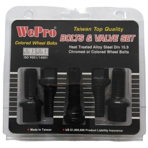 Набор болтов колесных 14x1.5 (5шт.+вентиль) черный BLACK WePro Тайвань