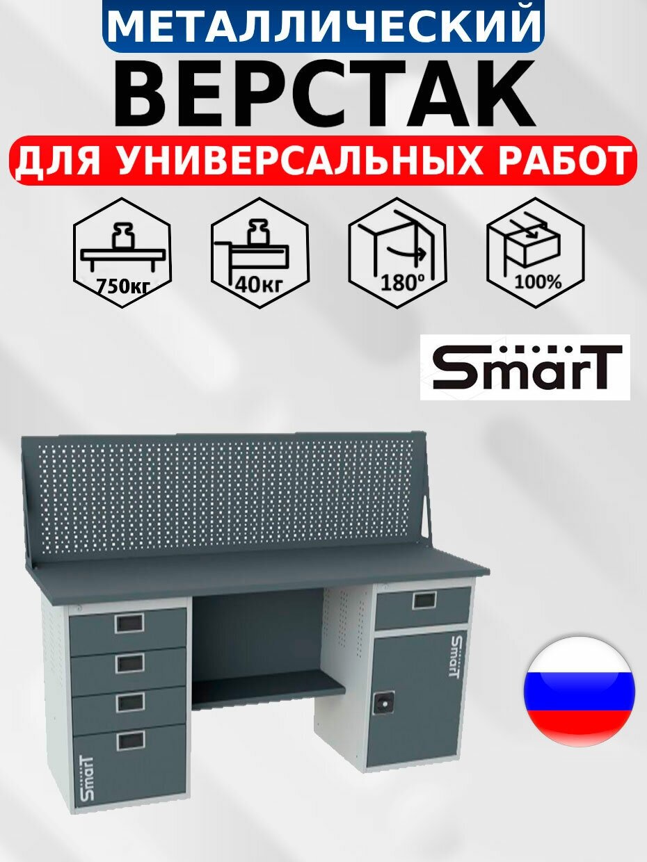 Слесарный верстак SMART 1760.4. S2.1-1. d универсальный в гараж,1364х1766х605