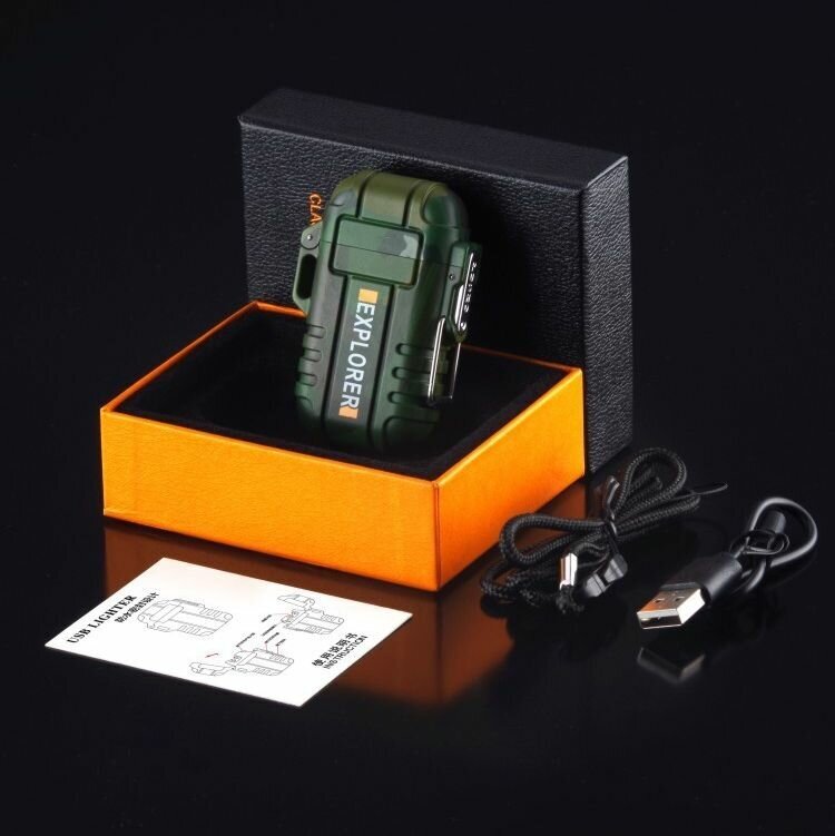 Зажигалка электронная USB в коробке Луч/хаки Фонарь 8х3,5х10см, электроимпульсная, сувенирная, зажигалка подарок мужчине, сенсорное управление