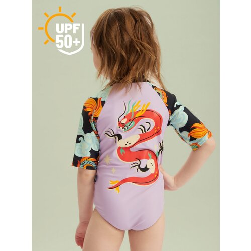 50657, Купальник слитный детский для девочек, защита от солнца UPF 50+ Happy Baby с длинным рукавом, на молнии, фиолетовый с драконом, размер 80-86