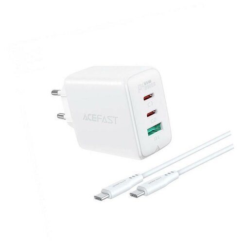 Сетевое зарядное устройство ACEFAST A13 Multiple Protocols, 2*Type-C + USB, PD65W + Кабель Type-C to Type-C 100W, 1.2m, Белый сетевое зарядное устройство acefast a13 multiple protocols 2 type c usb pd65w кабель type c to type c 100w 1 2m белый