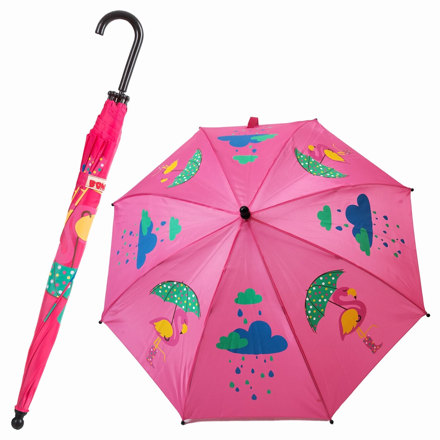 Зонт BONDIBON, авто, полиэстер, диам19", розовый с фламинго