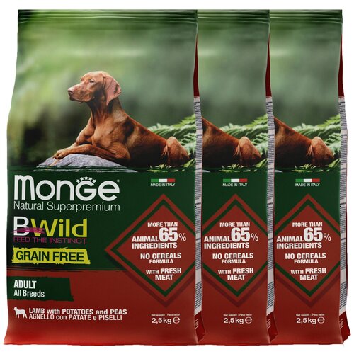 Сухой корм для собак Monge BWILD Feed the Instinct, ягненок, с картофелем, с горошком 1 уп. х 3 шт. х 2.5 кг (для мелких и средних пород)