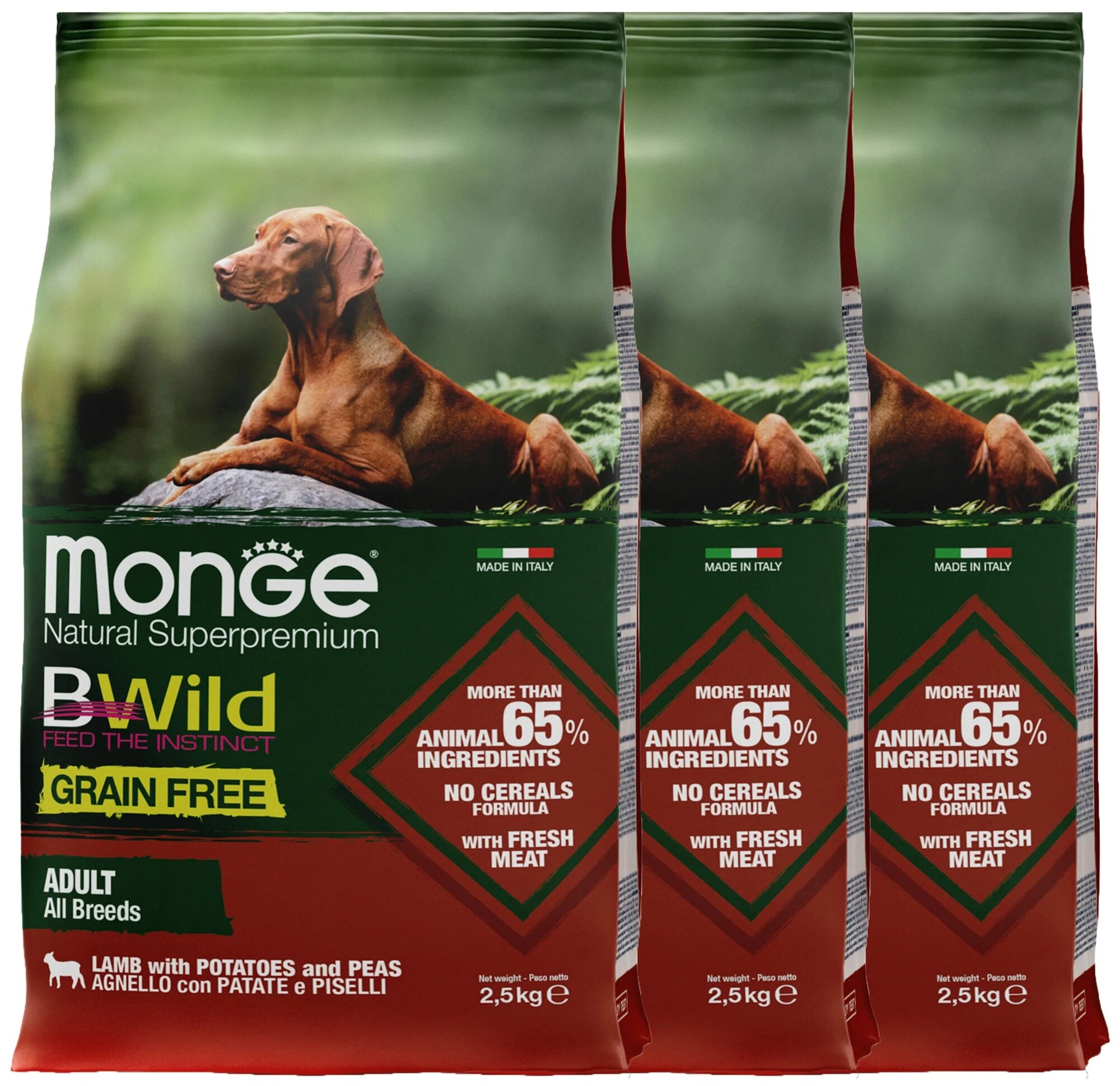 Сухой корм для собак Monge BWILD Feed the Instinct, ягненок, с картофелем, с горошком 3 шт. х 2.5 кг