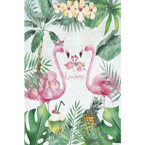 Моющиеся виниловые фотообои GrandPiK Королевские фламинго и тропические листья детские, 200х300 см