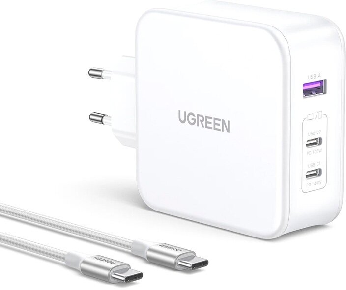 Зарядное устройство Ugreen CD289 Nexode USB-A + 2xUSB-C 140W + кабель USB-C White 15339