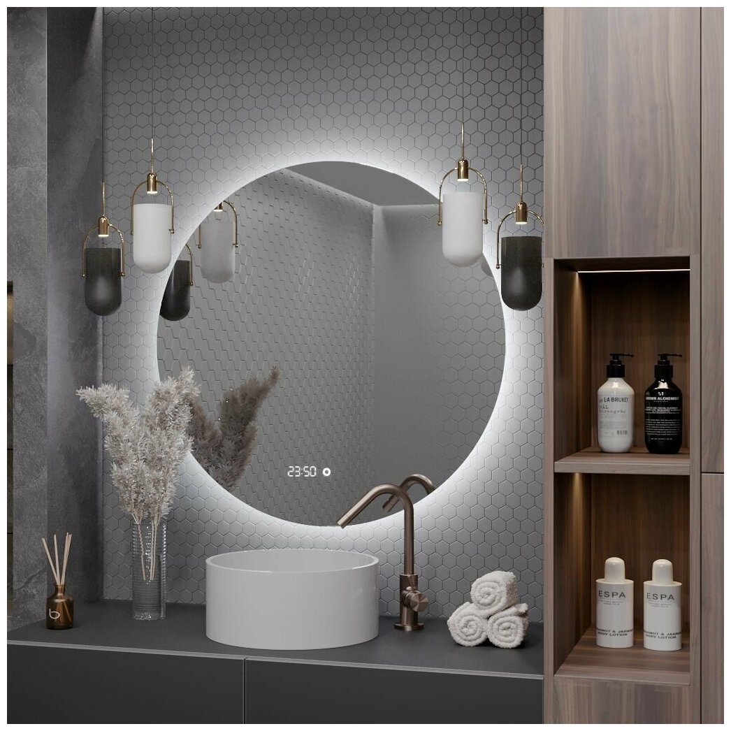 Зеркало круглое Муза D80 для ванной с холодной LED-подсветкой и часами