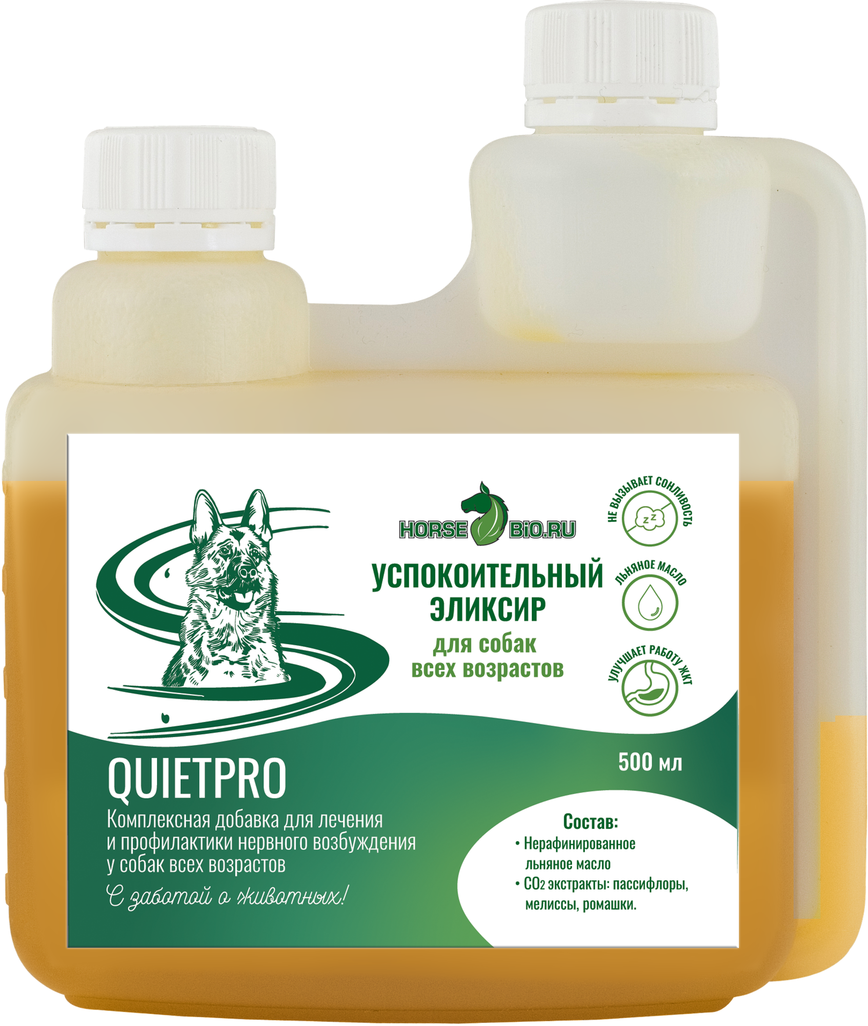 Эликсир Успокоительный Horse-Bio QuietPro на основе льняного масла для собак крупных пород 500 мл