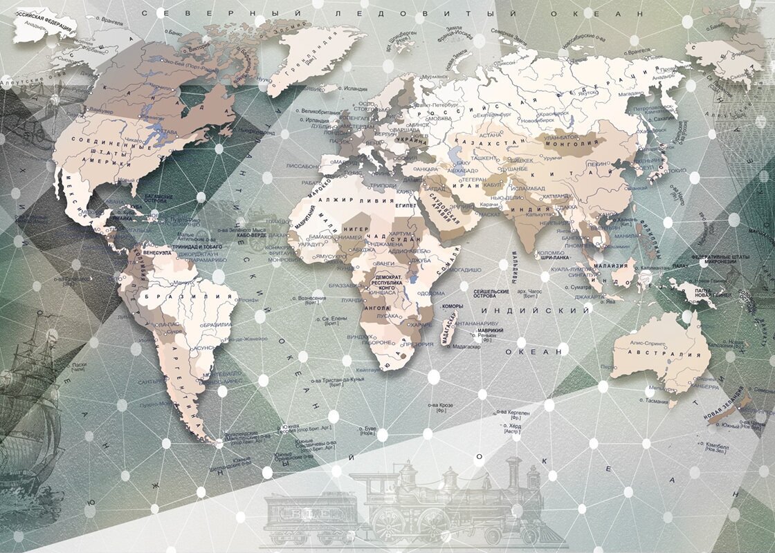 Моющиеся виниловые фотообои GrandPiK Карта мира. Страны. Океаны. Острова, 200х145 см