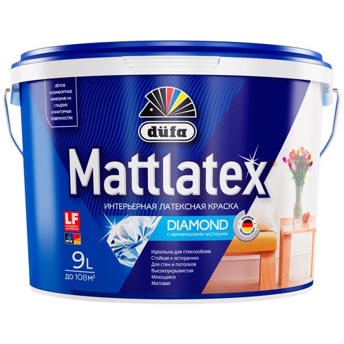 Краска для стен и потолков для влажных помещений латексная Dufa Mattlatex D100 матовая белая 9 л. dufa mattlatex матовая прозрачный 0 9 л
