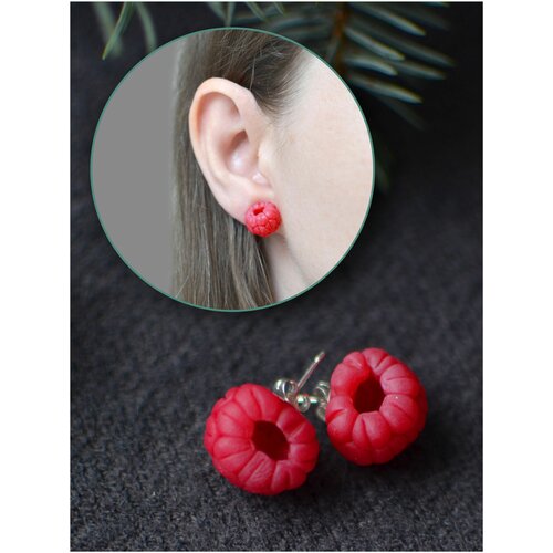 Серьги пусеты , нержавеющая сталь, полимерная глина, размер/диаметр 10 мм., красный