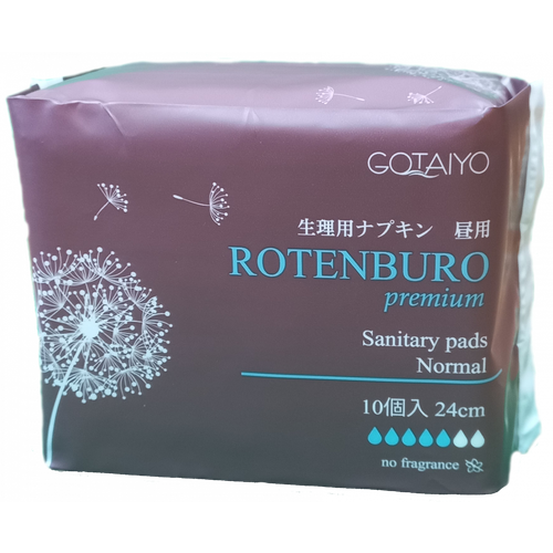 Gotaiyo Rotenburo Premium Sanitary Pads Normal Прокладки женские гигиенические анатомической формы тонкие без отдушек 24 см 5 капель 10 шт