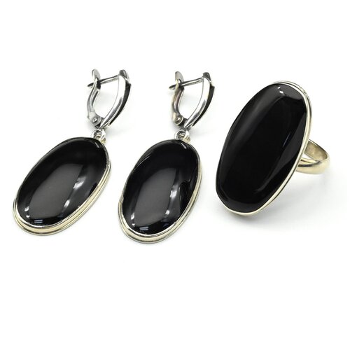 Комплект бижутерии Радуга Камня: кольцо, серьги, обсидиан, размер кольца 17.5, белый, черный