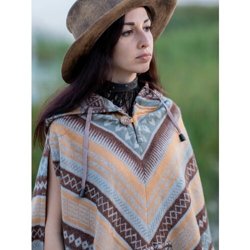 Пончо  Dikovina, демисезон/лето, шерсть, средней длины, карманы, капюшон, размер one size, коричневый, бежевый