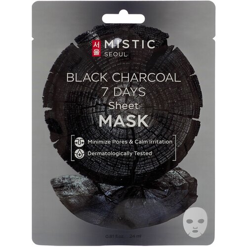 MISTIC Тканевая маска для лица с древесным углём BLACK CHARCOAL 7 DAYS Sheet mask 24мл