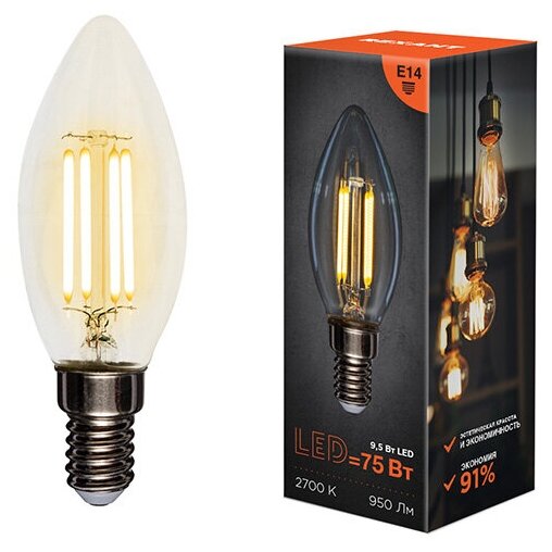 Филаментная лампа REXANT Свеча CN35 9.5 Вт 2700K E14 604-091