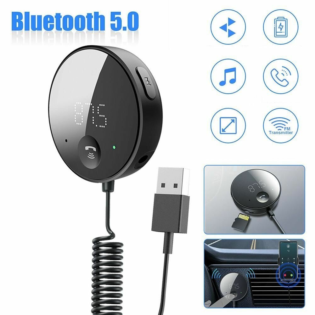 Автомобильный Bluetooth 5.0 AUX адаптер для аудио встроенный микрофон / Блютуз аукс в машину / FM трансмиттер модулятор