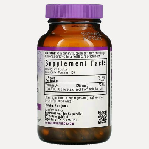 Изображение товара Bluebonnet Nutrition, Vitamin D3, 125 mcg (5,000 IU), 100 Softgels