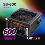 Блок питания Ginzzu SB600 ATX, 12cm fan, 20+4pin CPU (4+4), 4*SATA, 3*IDE , PCI-E (6+2) цвет черный - изображение