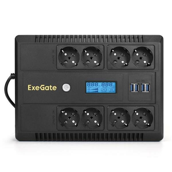 Exegate EX293858RUS ИБП ExeGate NEO Smart LHB-1000. LCD. AVR.8SH. CH. USB <1000VA/650W, LCD, AVR, 8*Schuko, USB, 4*USB-порта для зарядки, Black>