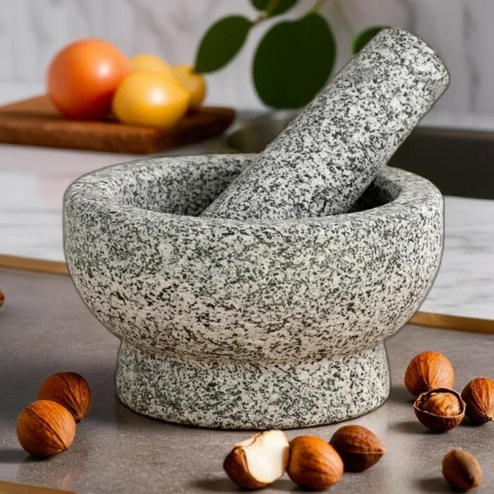 фото Ступка с пестиком из камня большая, серая, в коробке
