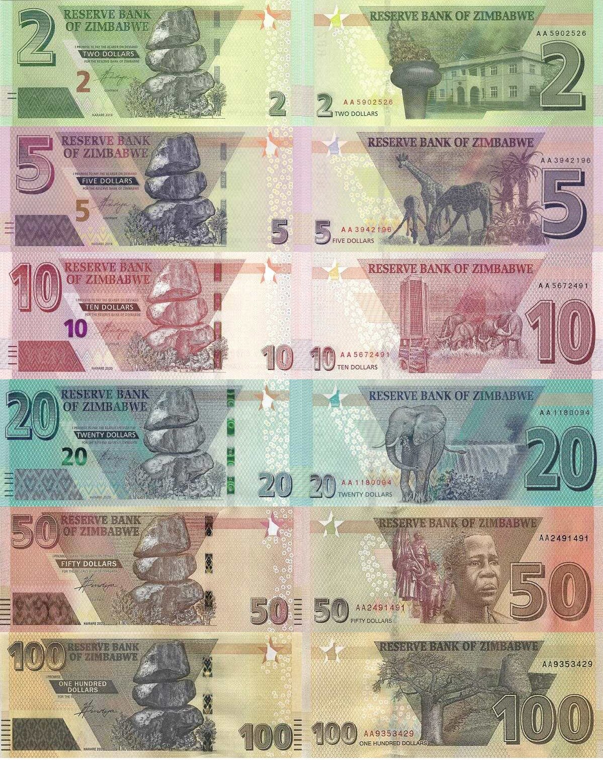 Комплект банкнот Зимбабве №3, состояние UNC (без обращения), 2019-2020 г. в.