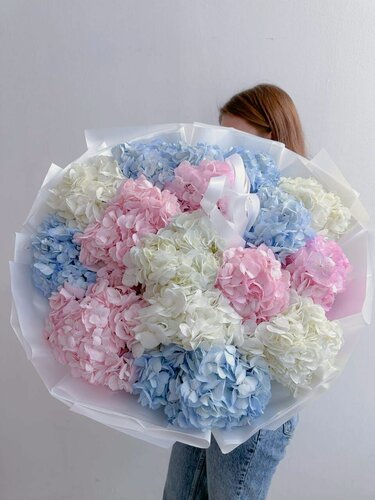 Изображение товара Пышный букет облако из ароматных гортензий белого, голубого и розового цвета 15 шт. от FlowersGo