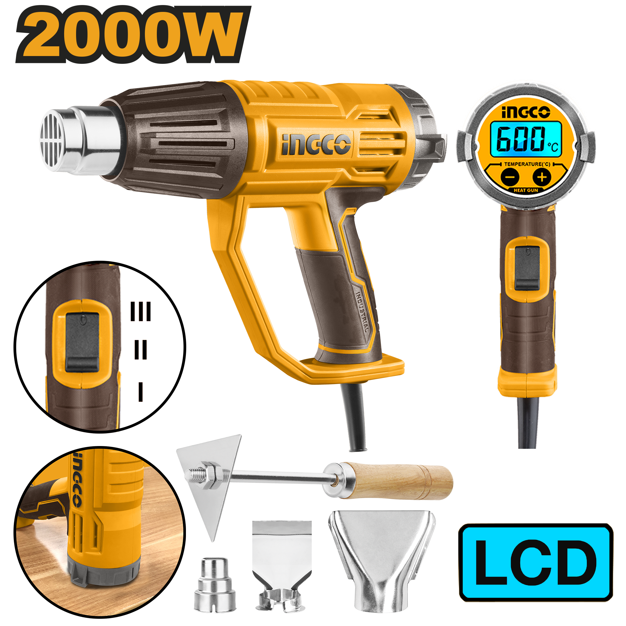 фото Фен строительный INGCO HG200058 INDUSTRIAL с ЖК-дисплеем 50-600°C 2,0 кВт