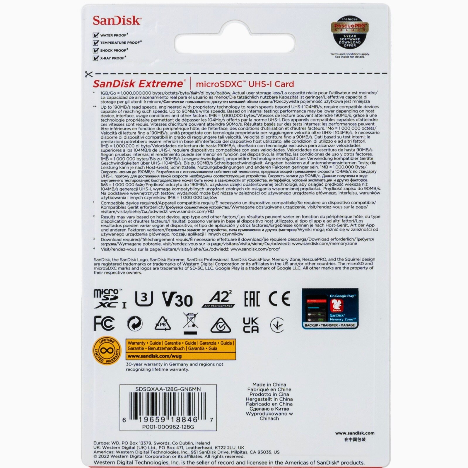 Карта памяти SanDisk Extreme microSDXC 128 ГБ Class 10 UHS-I V30 A2, 190/90 Mb/s — фото 1
