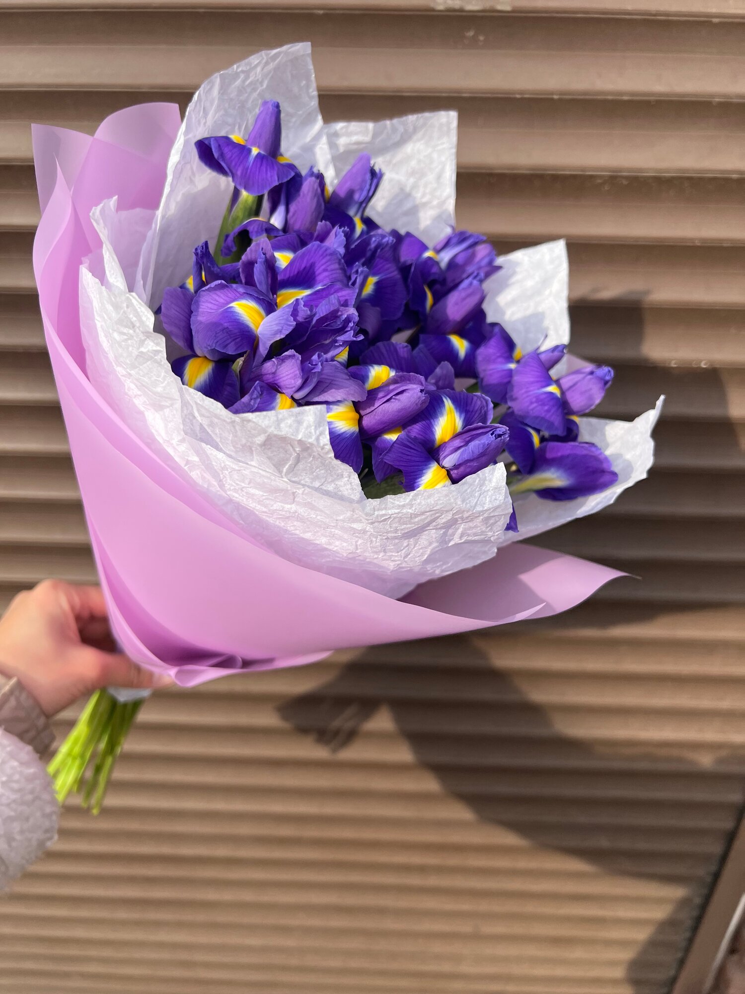 Букет из синих ирисов в сиреневой упаковке