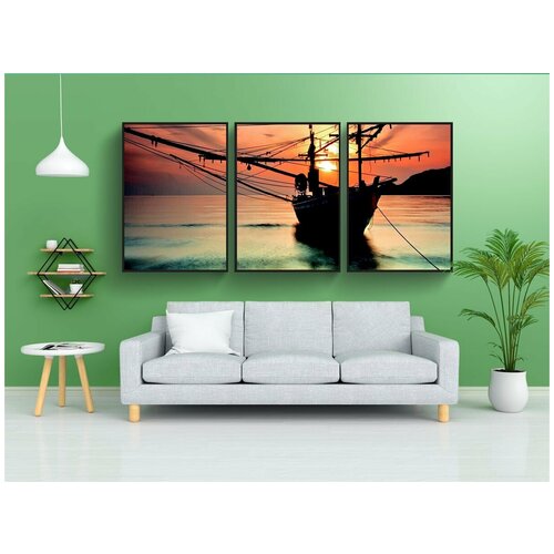 фото Набор модулных постеров для интерьера "пейзаж, лодка, восход закат" 60x90 см. в тубусе, без рамки lotsprints