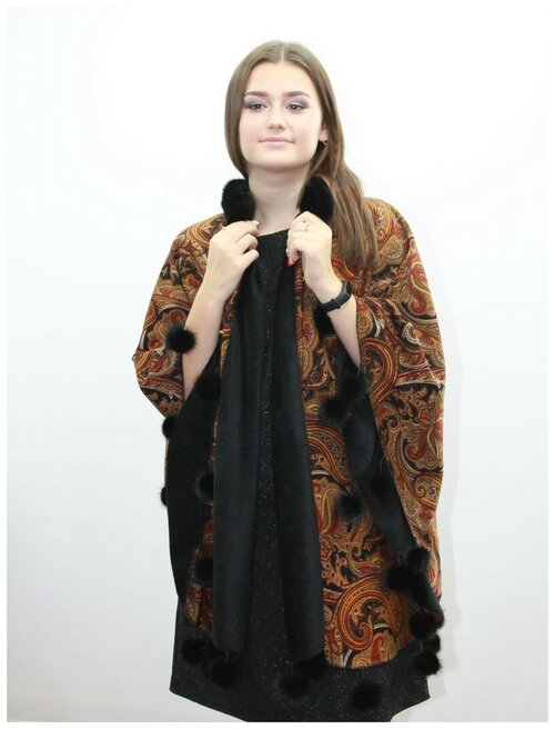 Накидка  Мария, текстиль,удлиненная, отделка мехом, размер универсальный 42 - 50, черный