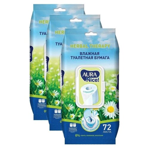 Влажная туалетная бумага Aura Nice Herbal therapy с ромашкой белая, 3 уп. 72 лист.