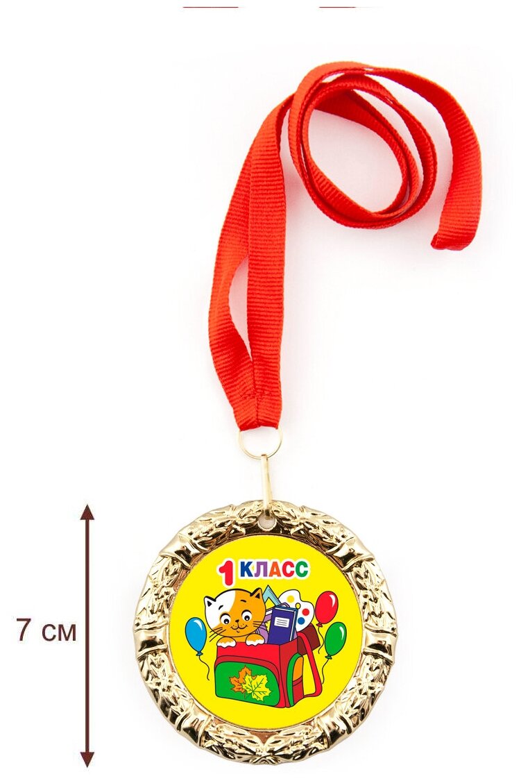 Медаль металлическая "1 класс"/ котик, посвящение в первоклассники, значок, брошь