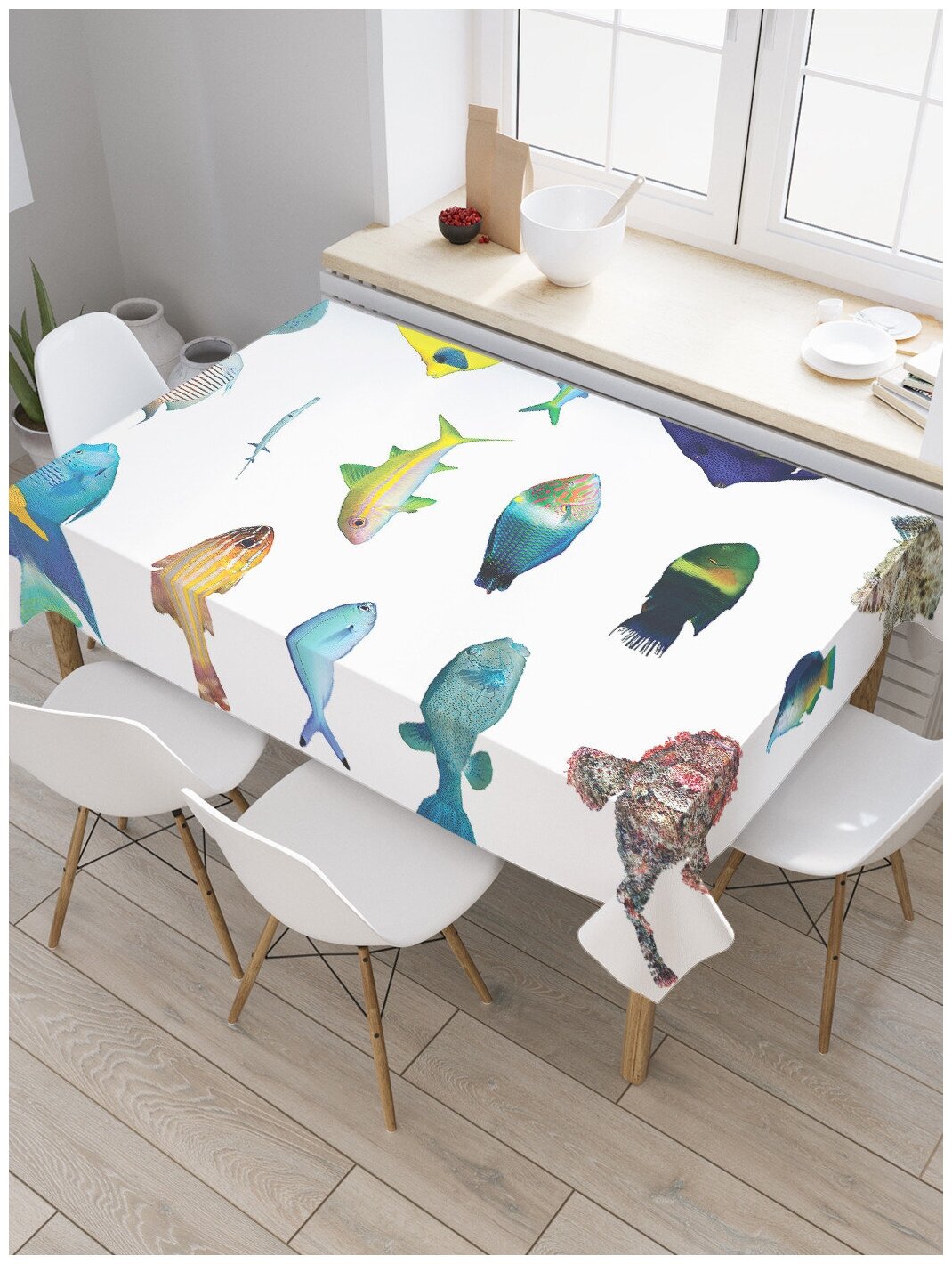Скатерть прямоугольная JoyArty "Рыбная экзотика" из сатена, 120x145 см