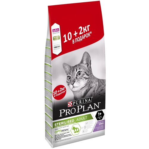 Сухой корм для стерилизованных взрослых кошек Pro Plan Sterilised OptiRenal, с индейкой 12 кг  (2 кг в подарок)
