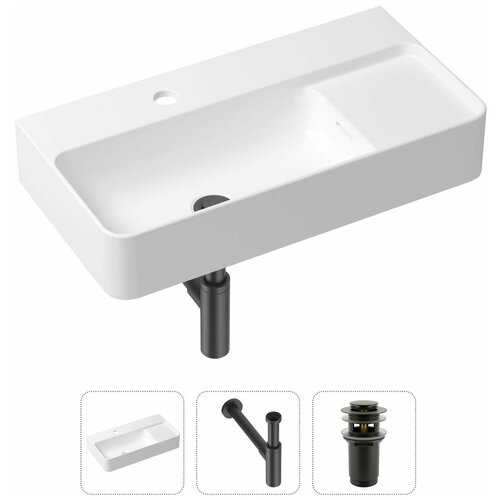 Накладная раковина в ванную Lavinia Boho Bathroom Sink Slim 21520524 в комплекте 3 в 1: умывальник белый, донный клапан и сифон в цвете матовый черный