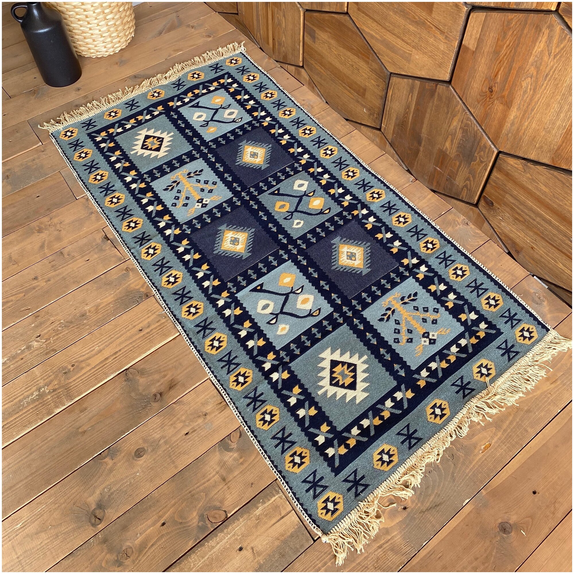 Ковровая дорожка турецкая, килим, Raty Blue 80x150 см, двусторонняя - фотография № 1