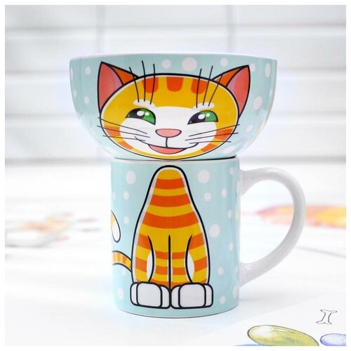 Набор посуды Рыжий кот 2 предмета кружка 200 мл миска 300 мл 723₽