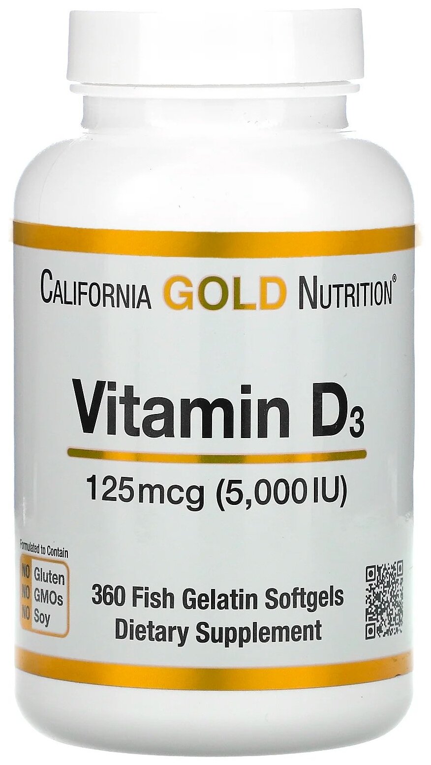 Витамин D3 125 мкг (5000 IU) California Gold Nutrition, 360 капсул / Препарат для костей, зубов, суставов, иммунитета