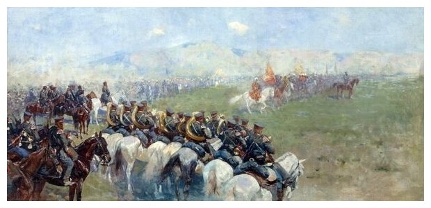 Репродукция на холсте Смотр войск Александром III (Review of troops by Alexander III) Рубо Франц 64см. x 30см.