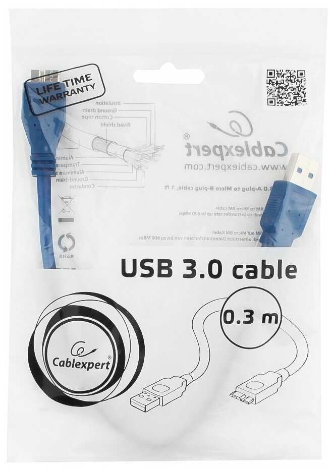 Кабель интерфейсный USB 3.0 Cablexpert CCP-mUSB3-AMBM-1 30 см, экран, синий, пакет Gembird - фото №3