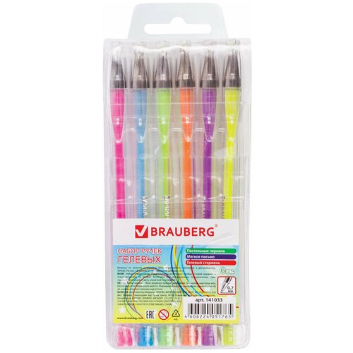 ручки brauberg 141033 комплект 4 шт Ручки гелевые BRAUBERG Jet, набор 6 цветов, пастельные, узел 0,7 мм, линия письма 0,5 мм, 141033 - 1 шт.