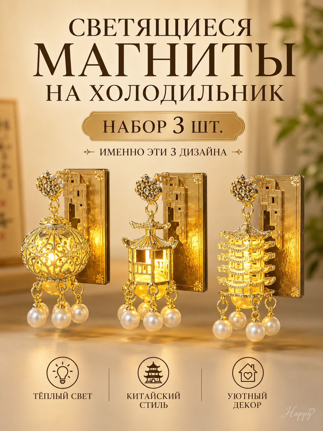 Светящийся магнит на холодильник, набор 3 шт, китайские фонарики