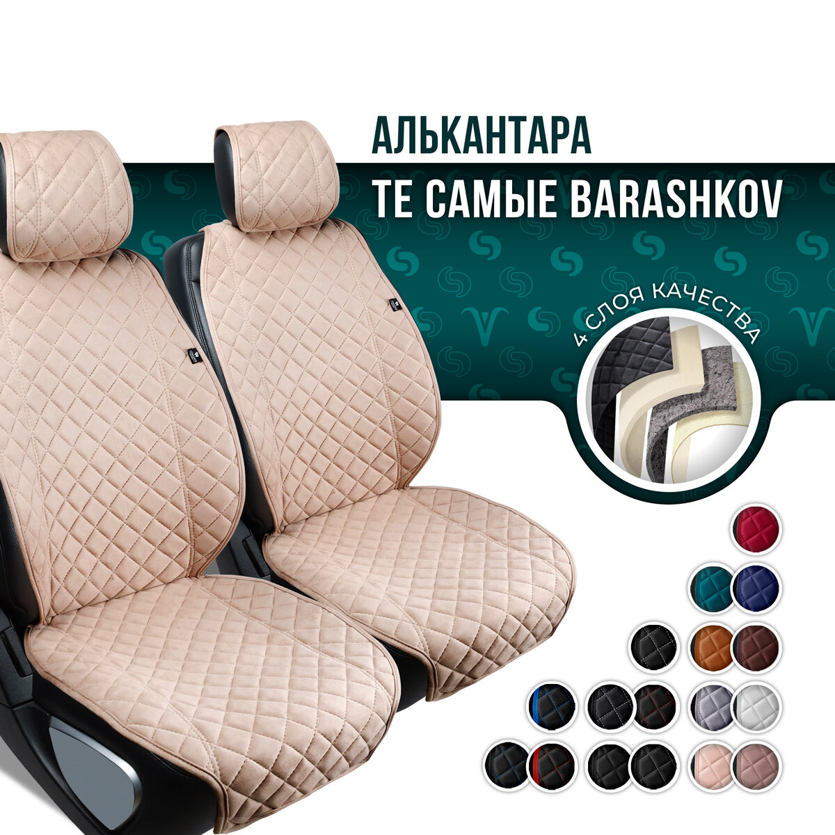 BARASHKOV/ Комплект накидок из алькантары на передние сиденья автомобиля "CLASSIC". Накидка чехол на сиденье 2 шт. Модель L. Тёмно-бежевый