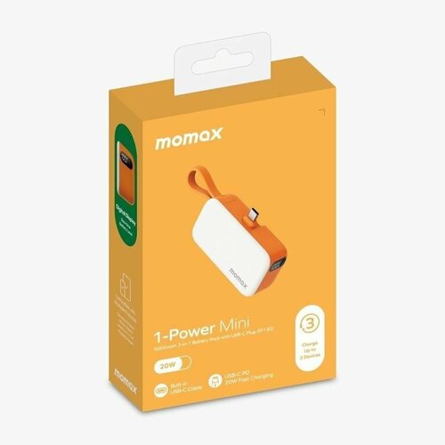 Портативное зарядное устройство Momax 1-Power Mini 3 в 1 Battery Pack with USB-C Plug 5000mAh 20W - Orange
