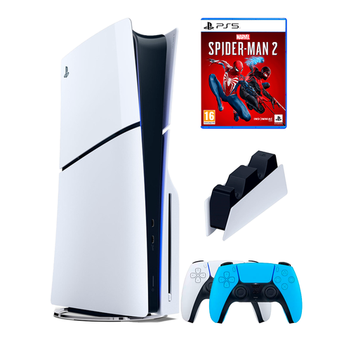 фото Ps5 (пс5) игровая приставка sony playstation 5 slim disc + 2-й геймпад (голубой)+ зарядное + игра spider-man2