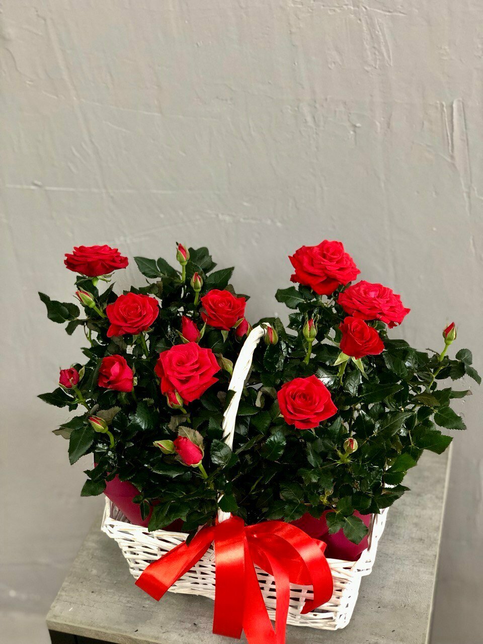 Композиция из живых роз в плетеной корзине от бренда Margo plants